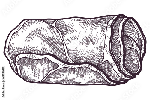 Hand drawn jamon. Gourmet meat. Isolated delicious engraving sketch. Dry cured farm natural product. Pork slices in black and white drawing. Vector restaurant menu element illustration