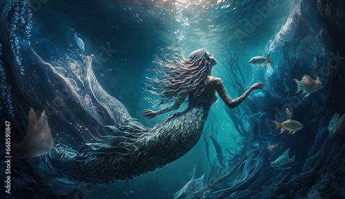 fantasy beautiful cute mermaid in under deep sea