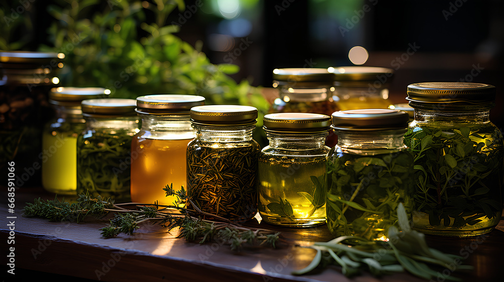 Herbs and spices in a glass jar on a wooden table. Herbs and spices in a glass jar on a wooden table.