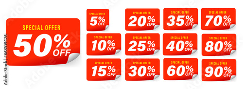 Red Sale Tags Discount Sticker With Curled Corner and Shadow, 3D Special Offer Percentage, Stamp Vector illustration isolated