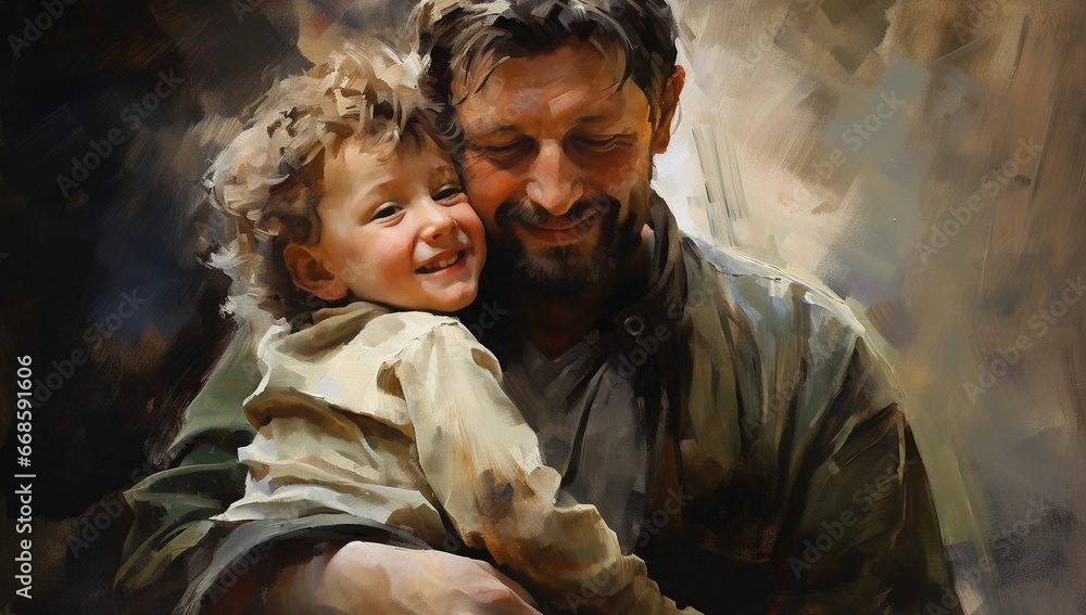 Fototapeta premium father hugs child and happy