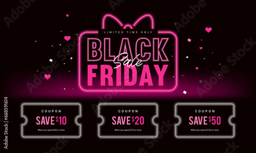 Black Friday Sale Coupon banner vector design. Pink neon lights gift box
