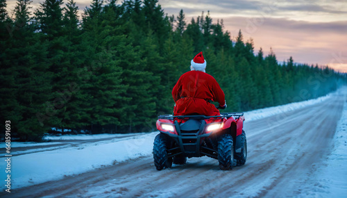 back, rear view of santa claus ride on ATV. Santa Riding An quad bike. Santa Claus on racing vehicle wearing red costume. Man dressed as Santa Claus riding in pine forest. snowy winter. Generative ai