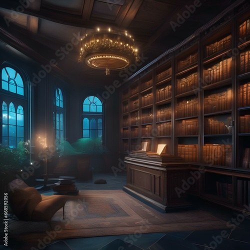 A magical, underwater library filled with ancient tomes illuminated by glowing fish3