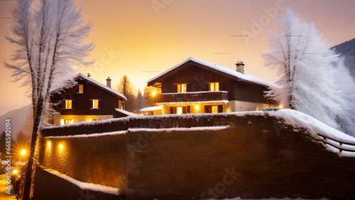 Village in the snqw with warm lights before christmwas