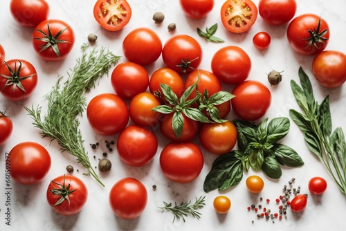 Fresh tomatoes with herbs and spices on white background