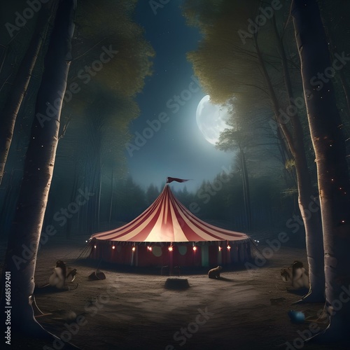 A surreal, moonlit circus in a forest clearing with constellations as the audience3