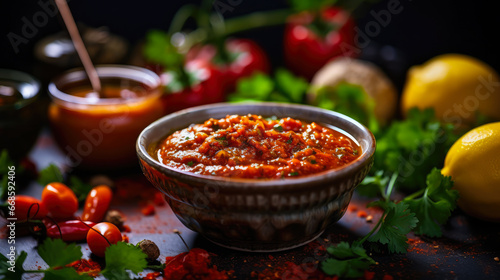 Delicious Traditional Tunisian Hot Chili Pepper Paste Harissa with Ingredients photo