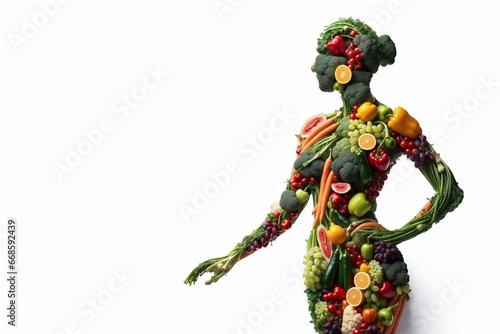 AI generated illustration of a female figure made from a vibrant array of fruits and vegetables