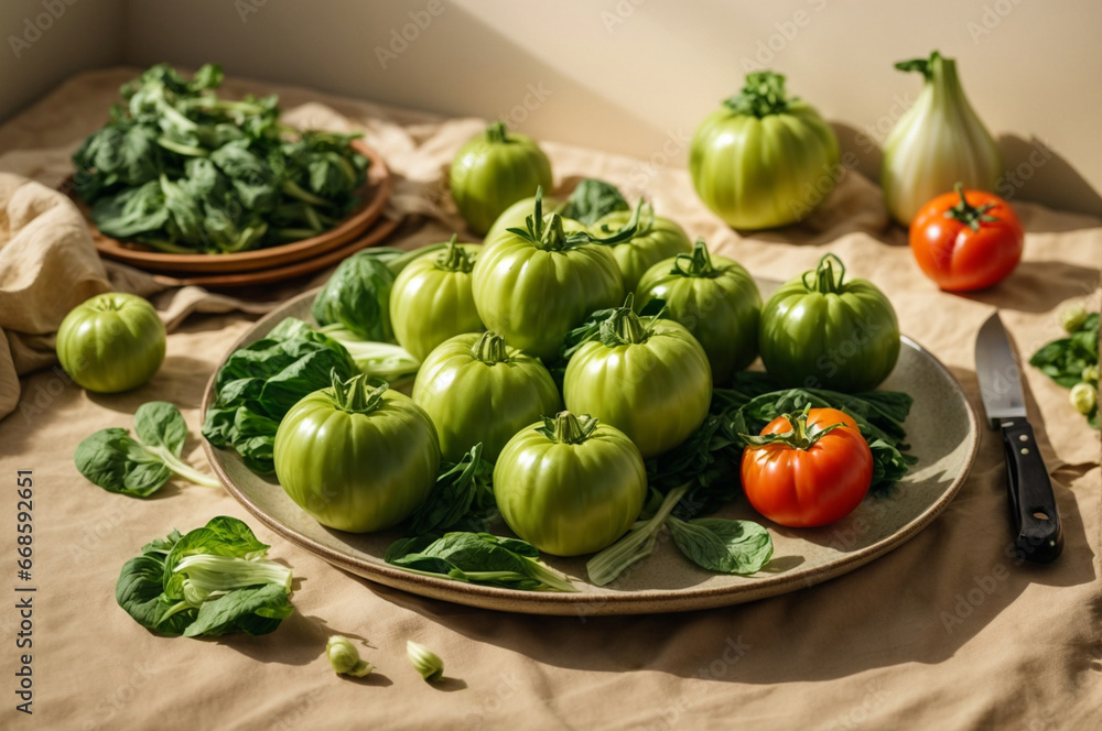 Fresh green tomatoes and spinach on plate with knife on rustic background Fresh green tomatoes and spinach on plate with knife on rustic background