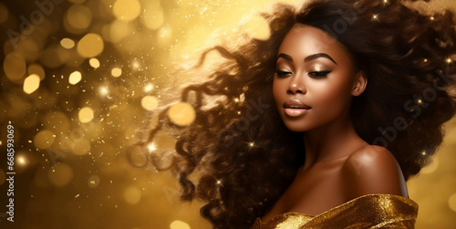 A dark-skinned girl is the face of a woman in gold confetti and bokeh.Girl with luxury and premium illustration for advertising product design.