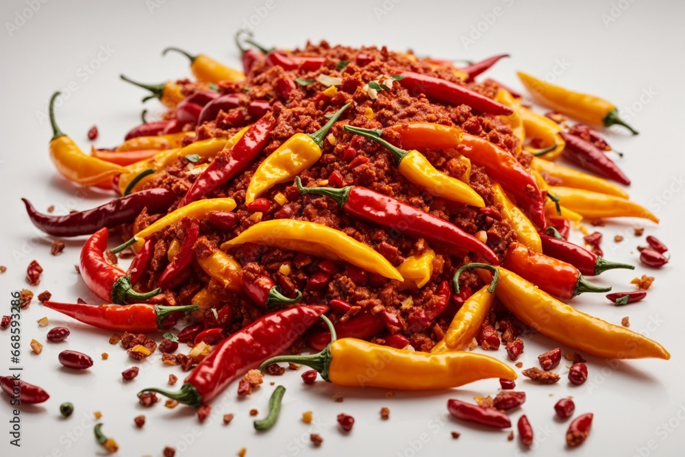 Hot chili peppers with ground meat on a white acrylic background. Hot chili peppers with ground meat on a white acrylic background.