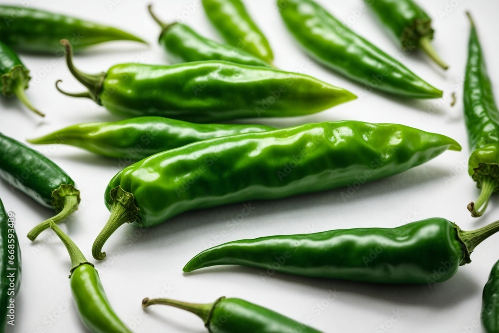 Green chili peppers on a white background. Spices for cooking. Green chili peppers on a white background. Spices for cooking.