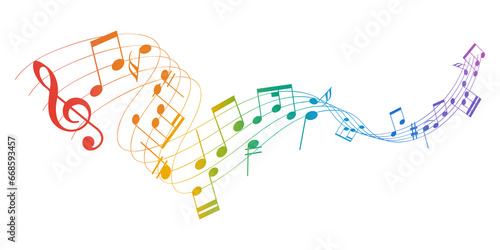 Colorful music note wave. Music notes melody on transparent background. photo