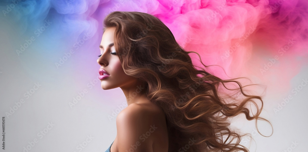 Women faces watercolor illustration. Fashion girl rainbow smoke horizontal copy space on color background Ai.