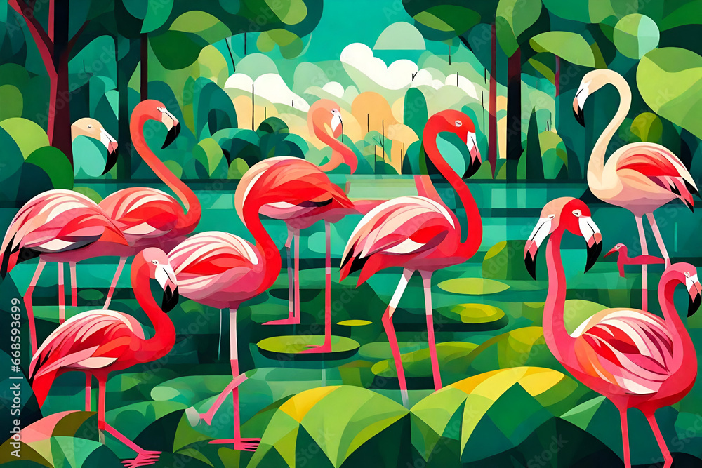 Obraz premium Flamingo bird in the garden cubism art painting colorful color,wall art,abstract cubism art,printable animal art 