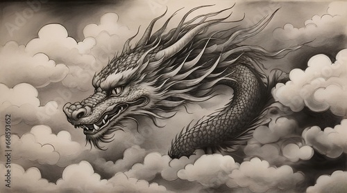 龍の水墨画、 伝統的な東洋の水墨画、墨絵素材、干支｜Ink painting of a dragon. Traditional oriental ink painting, sumi-e materials. zodiac. Generative AI photo