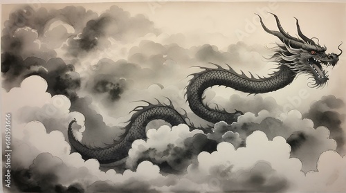 龍の水墨画、 伝統的な東洋の水墨画、墨絵素材、干支｜Ink painting of a dragon. Traditional oriental ink painting, sumi-e materials. zodiac. Generative AI photo