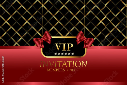 Invitation.Luxurious vector invitation card background with bows and diamonds.Gold lines and red gradient on black background. Premium illustration design for celebrations, openings, invitations.