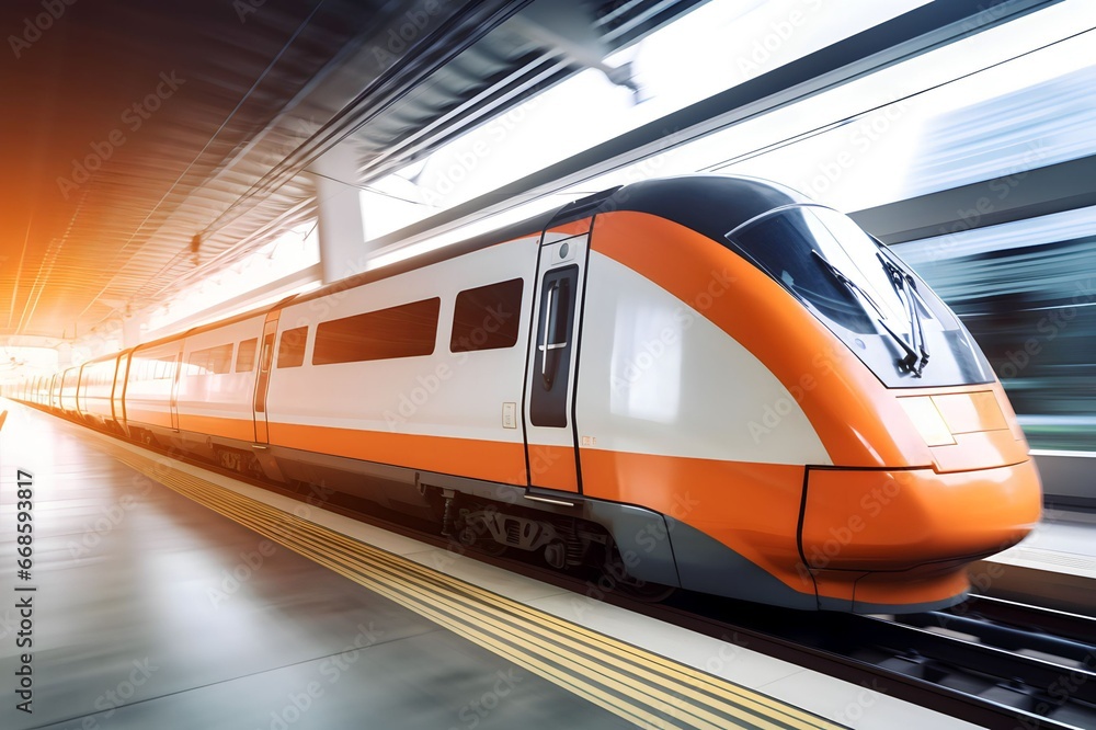 Fototapeta premium fast train in business center with motion blur background