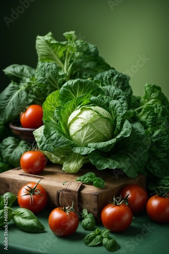 Cabbage, tomatoes and basil on a green background.