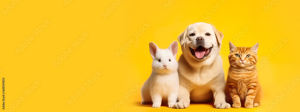 portrait of dog,cat and rabbit in pestel background.friend and ...