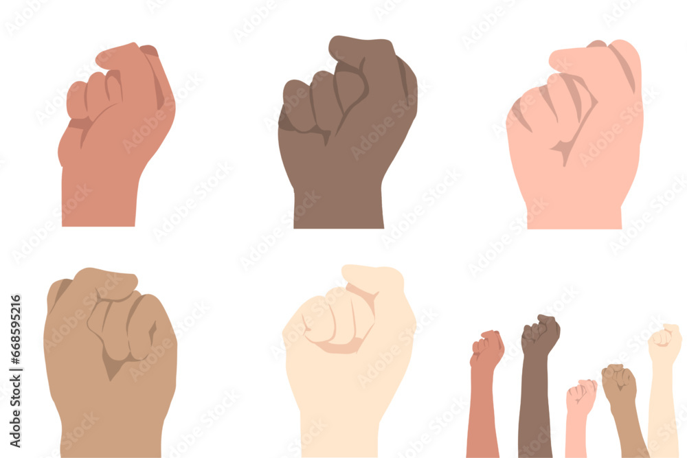 set of hand gestures fist raised up vector illustration Concept of protest, equality, fight for human rights. Stop racism peace harmany cooperation group different races skincolor set of hand gestures fist raised up vector illustration Concept of protest, equality, fight for human rights. Stop racism peace harmany cooperation group different races skincolor