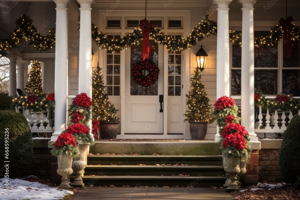 Classic Christmas decorations on the front door and porch of suburban American house with snow	