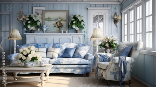Interior design  living room decor and house improvement  furniture  sofa  home decor  white and blue textiles  country cottage lounge 