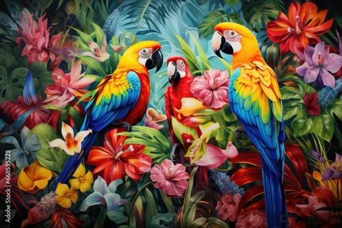 exotic parrot birds in the jungle wallpaper art