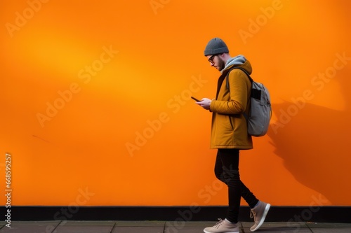 student guy texting on mobile phone walking past yellow orange wall © Dina