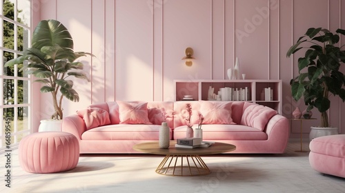  modern retro Barbiecore living room interior design with a pink couch and natural light. 3D rendering 