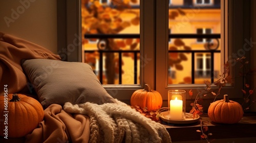 Stylish pumpkin pillows, fall leaves, candles, lights, and cute building decorations on a brown scarf on windowsill. 3D rendering