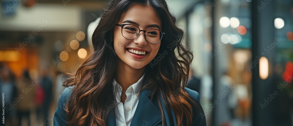 Obraz premium A busy, content Asian businesswoman is strolling down a major city street with her mobile in her hands. .