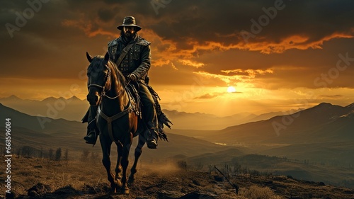 An officer  or warrior  in a world war  poised to fight while mounted and armed with a sword  and men .