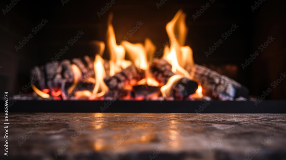 Naklejka premium Empty table stone marble with blurred burning firewood in the fireplace background. High quality photo