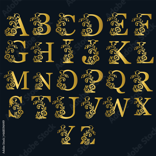 Set of gold floral premium luxury alphabet letters, golden alphabets
