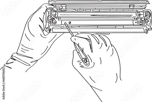 Printer Maintenance: Illustration of Hands Repairing Laser Toner Cartridge, Technical Expertise: Cartoon Sketch of Hands Repairing Laser Toner Cartridge