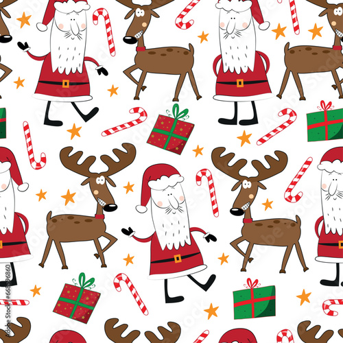 Seamless pattern for Christmas - Cute reindeer and Santa Claus, with candy cane and gift box. Good for wrapping paper, textile print and other decoration.