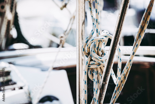 Détail équipement sur un bateau voilier - Cordage avec noeud marin