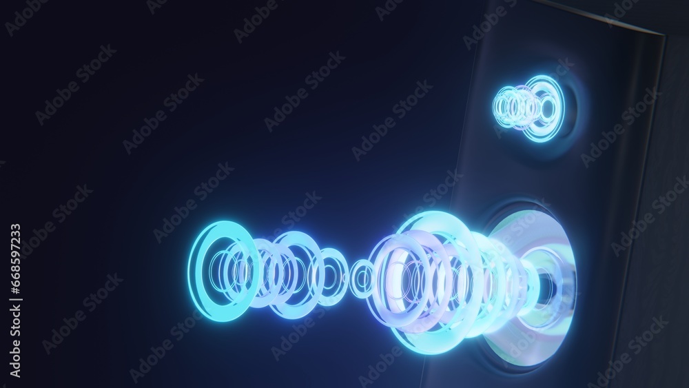 Sound speaker close-up. Audio stereo system. 3d ound speaker in neon light with sound wave from the on dark background. 3d rendering Sound speaker close-up. Audio stereo system. 3d ound speaker in neon light with sound wave from the on dark background. 3d rendering