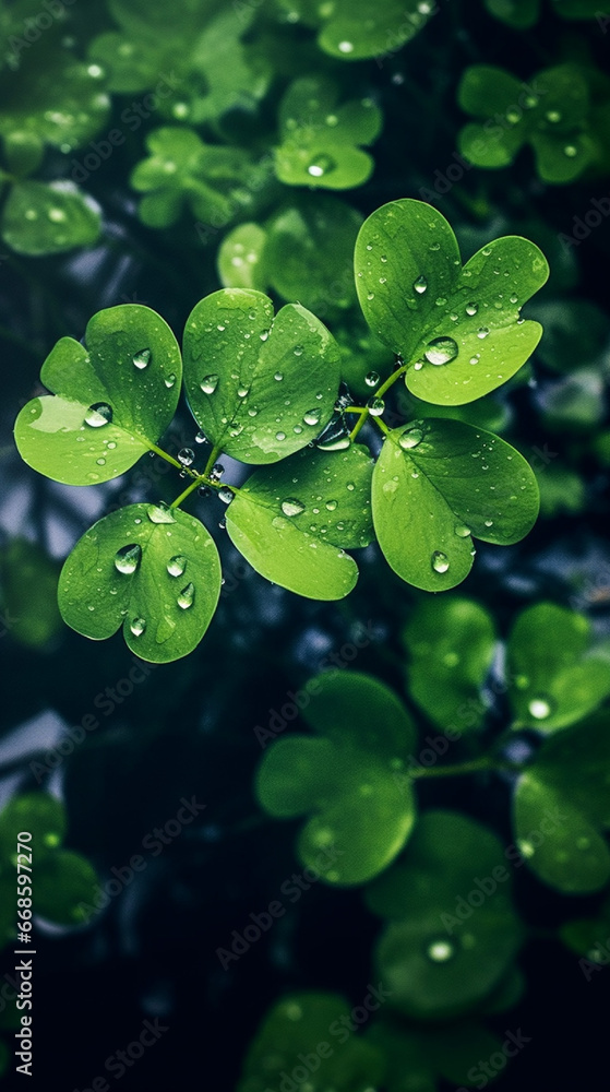 Green clover leaves with drops of water. St. Patrick's Day background Green clover leaves with drops of water. St. Patrick's Day background