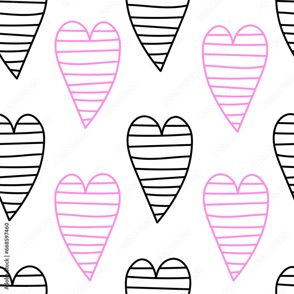 Hearts doodle seamless pattern. Modern hand-drawn endless background for Valentines day with stripes and dots. Textured romantic love vector illustration Hearts doodle seamless pattern. Modern hand-drawn endless background for Valentines day with stripes and dots. Textured romantic love vector illustration