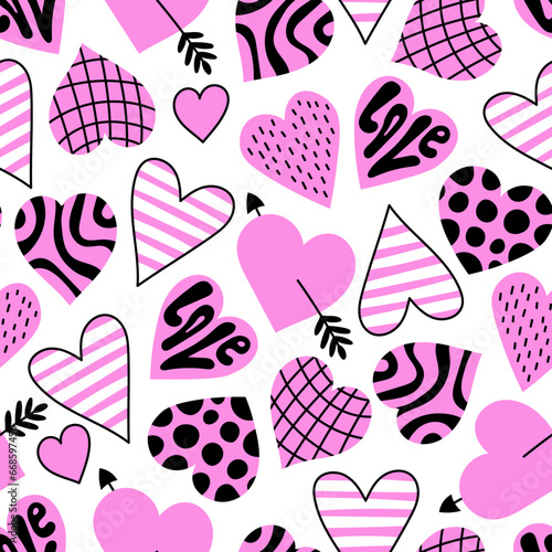 Fototapeta Naklejka Na Ścianę i Meble -  Hearts Modern Doodle seamless pattern. Trendy hand drawn background with falling elements for Valentines day. Romantic aesthetic. Creative design
