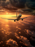 Airplane flying in the sky at sunset. 3d illustration.