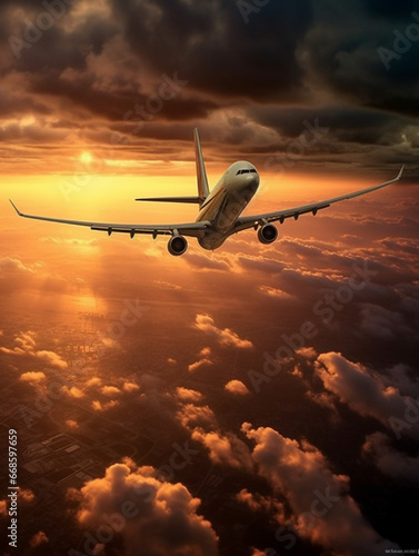 Airplane flying in the sky at sunset. 3d illustration.