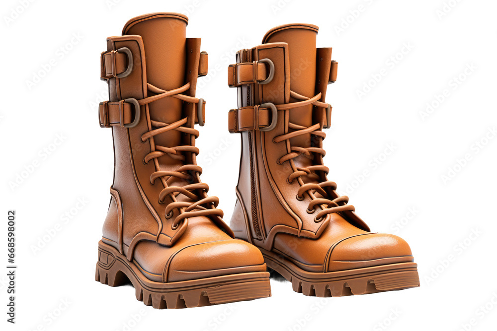 Close Up of Military Boots Isolated On Transparent Background.