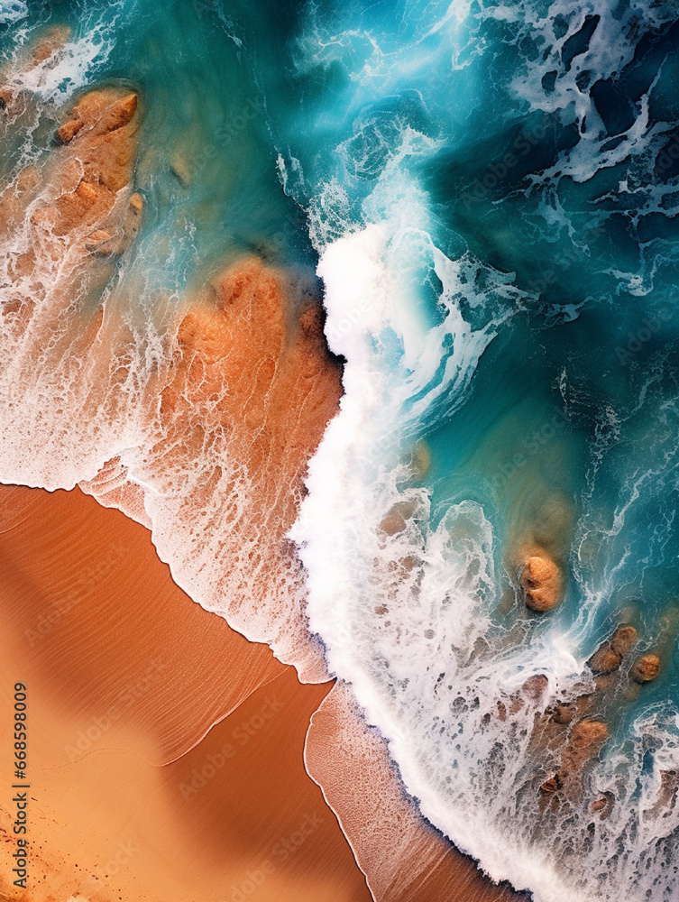  Aerial view of ocean waves on sandy beach. Nature composition