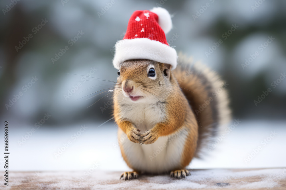 Cute little festive squirrel wearing a Father Christmas santa hat Cute little festive squirrel wearing a Father Christmas santa hat