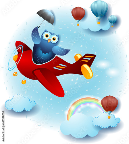 Sky landscape with funny owl and airplane, vector illustration esp10